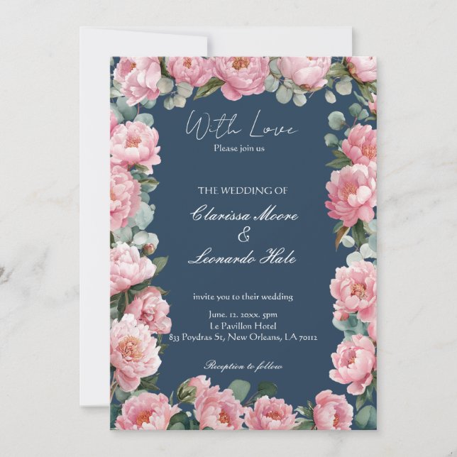 Convites Navy Blush Peony Eucalyptus Wedding Invitation (Frente)