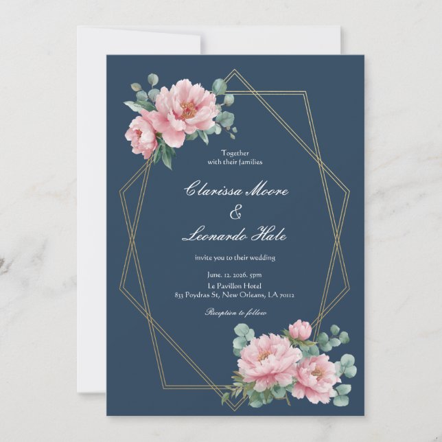 Convites Navy Blush Peony Gold Frame Wedding  (Frente)