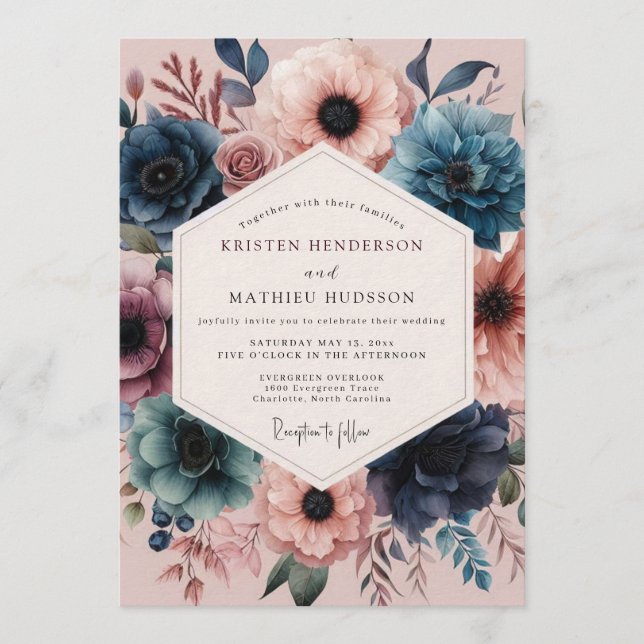 Convites Navy Blush Vivid Flora Wedding (Frente)