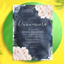 Navy Blush Watercolor Floral Quinceanera