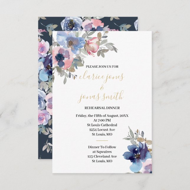 Convites Navy & Blush Watercolor Flowers Rehearsal Dinner (Frente/Verso)