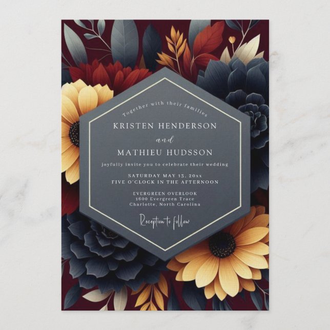 Convites Navy Burgundy Moody Autumnal Wedding (Frente)