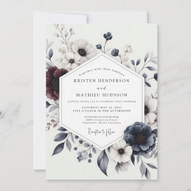 Convites Navy Burgundy Winter Bloom Wedding (Frente)