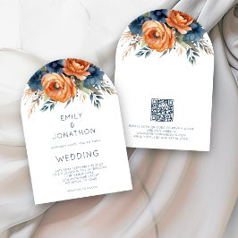 Convites Navy Burnt Orange Florals QR Code Wedding Arch