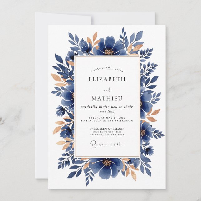 Convites Navy Copper Elegant Botanical Wedding (Frente)