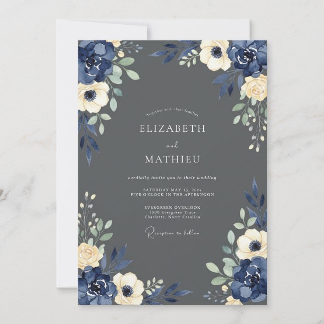 Convites Navy Cream Floral Wedding (Frente)