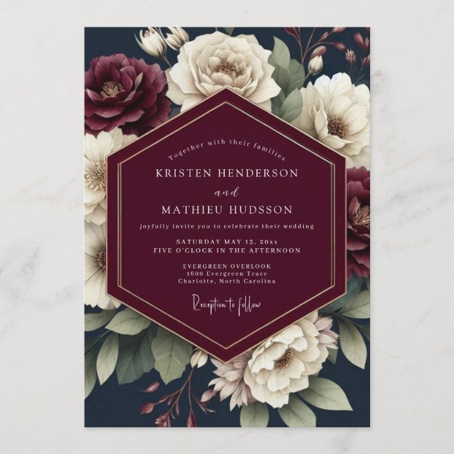 Convites Navy & Crimson Moody Bloom Wedding (Frente)