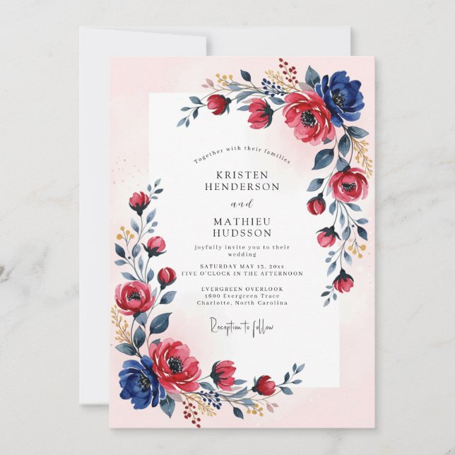 Convites Navy Crimson Romantic Summer Wedding (Frente)