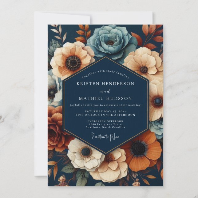 Convites Navy Deep Floral Opulent Wedding (Frente)