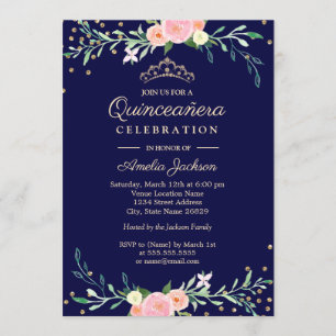 Convites Navy Doce Floral Brilho Confete Quinceanera