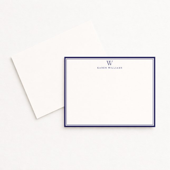 Convites Navy Double Border Monogram Off-White Note Card (Criador carregado)