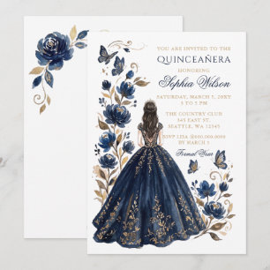 Convites Navy Dourado Floral Princesa Borboleta Quinceañera
