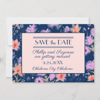Convites Navy e Rosa Bege Vintage Floral Save the Date 