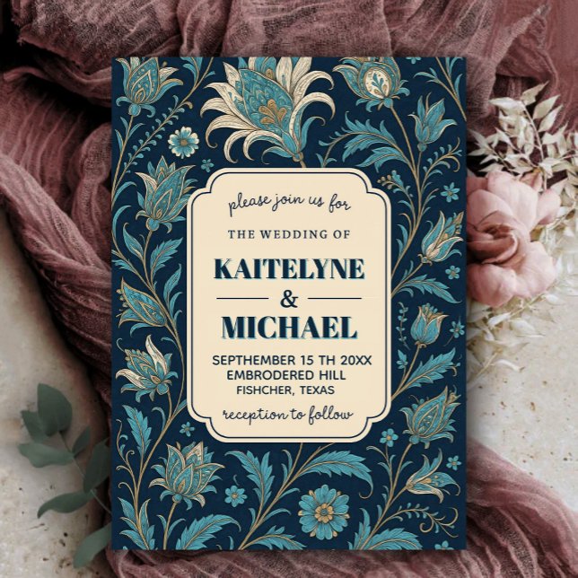 Convites Navy Elegant Modern Calligraphy Floral Wedding  (Criador carregado)