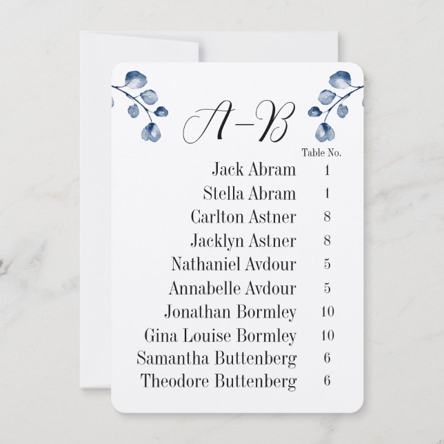 Convites Navy Eucalyptus Alphabet 10 Guest Table Chart Card (Verso)