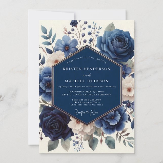 Convites Navy Floral Artistry Wedding (Frente)