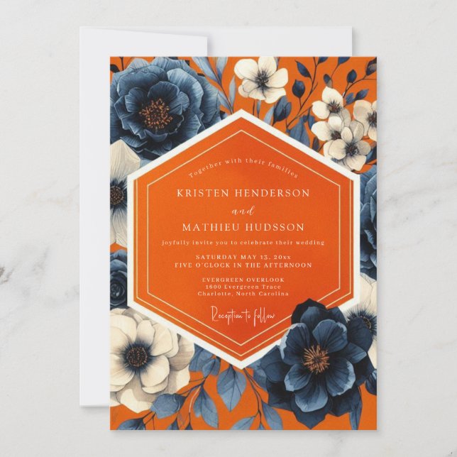 Convites Navy Floral Autumn Bloom Wedding (Frente)