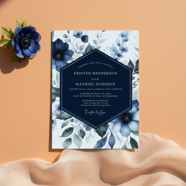 Convites Navy Floral Bloom Romance Wedding (Criador carregado)