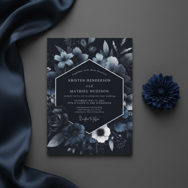 Convites Navy Floral Bloom Wedding (Criador carregado)