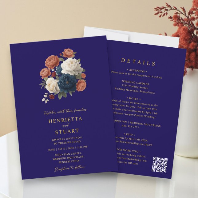 Convites Navy Floral Botanical All-in-One Wedding  (Criador carregado)