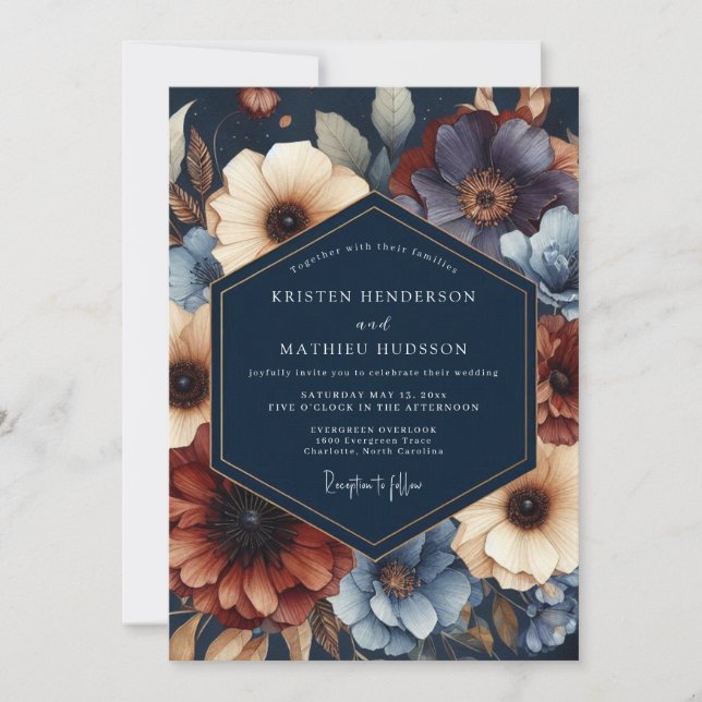 Convites Navy Floral Moody Bloom Wedding (Frente)