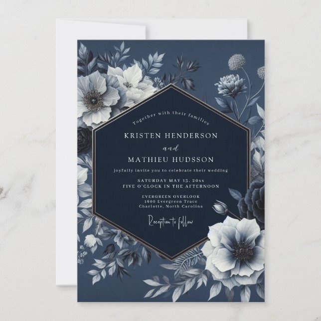 Convites Navy Floral Nocturnal Romance Wedding (Frente)