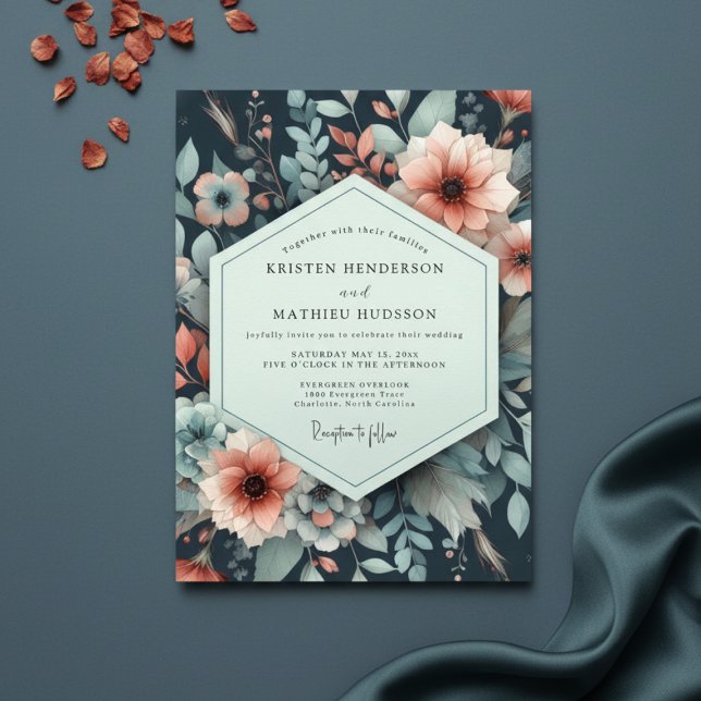 Convites Navy Floral Nocturne Romance Wedding (Criador carregado)