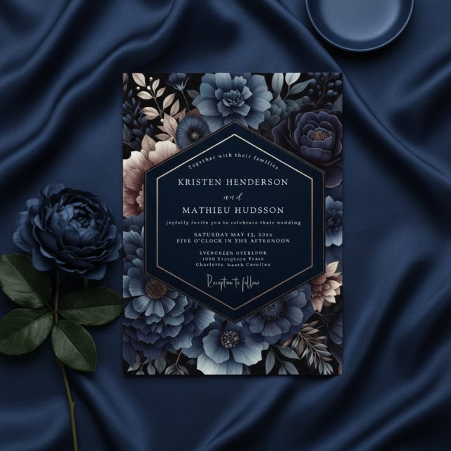 Convites Navy Floral Opulent Romance Wedding (Criador carregado)