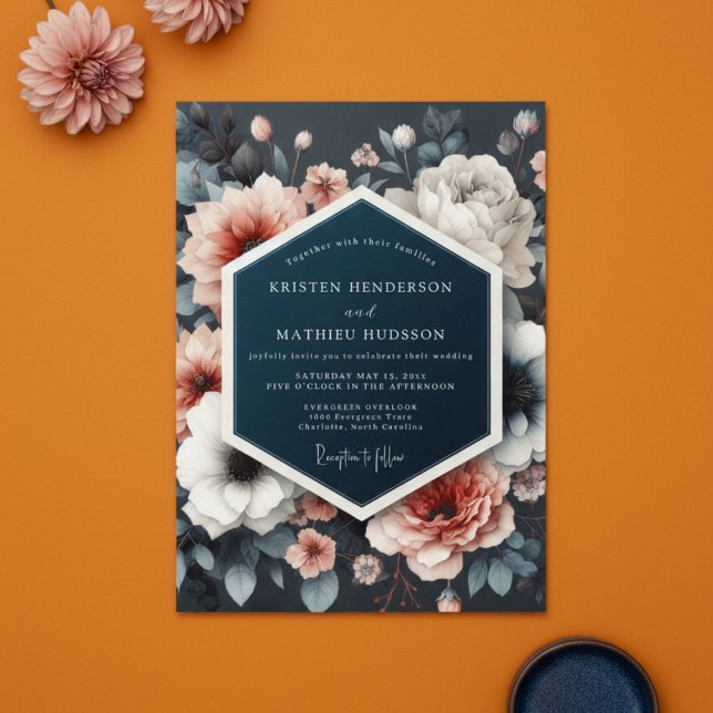 Convites Navy Floral Opulent Romance Wedding (Criador carregado)