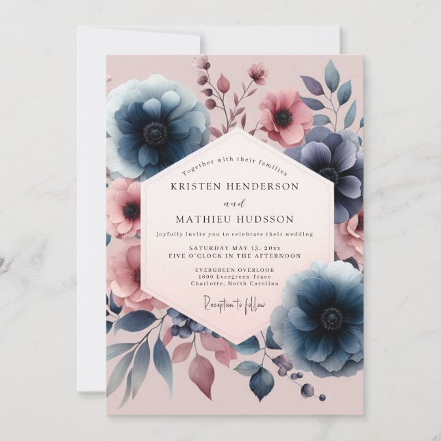 Convites Navy Floral Vintage Romance Wedding (Frente)