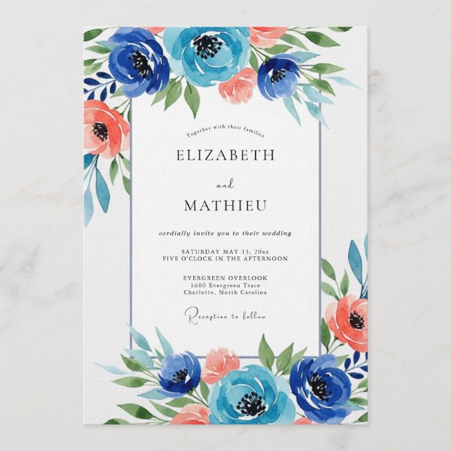 Convites Navy Floral Watercolor Wedding (Frente)