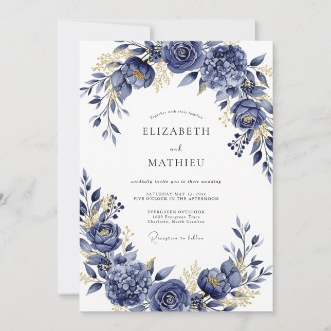 Convites Navy Gilded Bloom Romance Wedding (Frente)