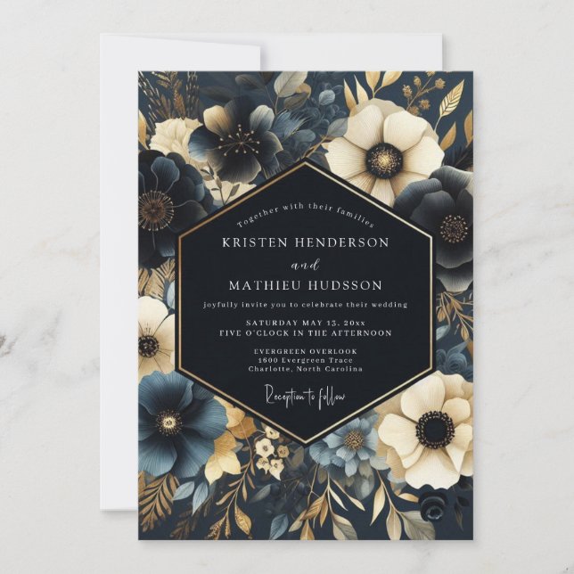 Convites Navy Gilded Floral Wedding (Frente)