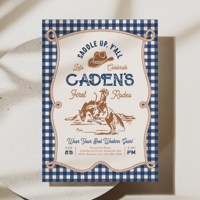 Convites Navy Gingham Rope Rodeo Invitation (Criador carregado)