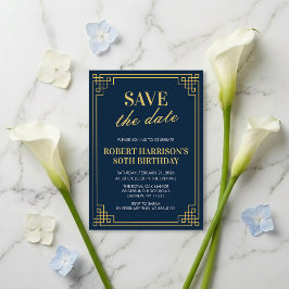 Convites Navy Gold Art Deco 80th Birthday Save the Date