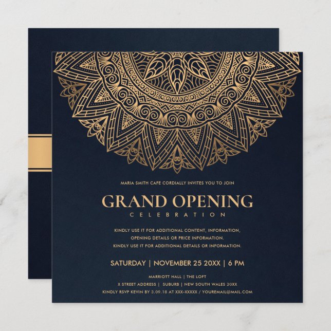 CONVITES NAVY GOLD CLÁSSICO ORNATO MANDALA GRANDE INAUGURAÇ (Frente/Verso)
