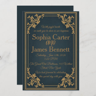 Convites Navy Gold Elegant Formal Wedding Invitation