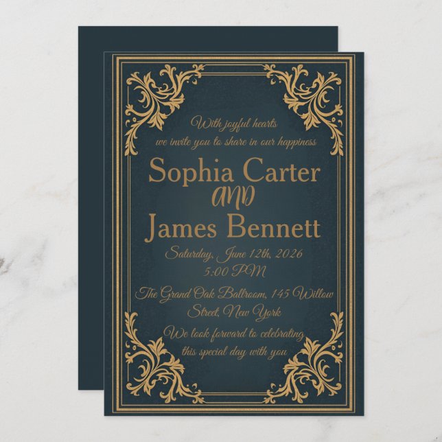 Convites Navy Gold Elegant Formal Wedding Invitation (Frente/Verso)