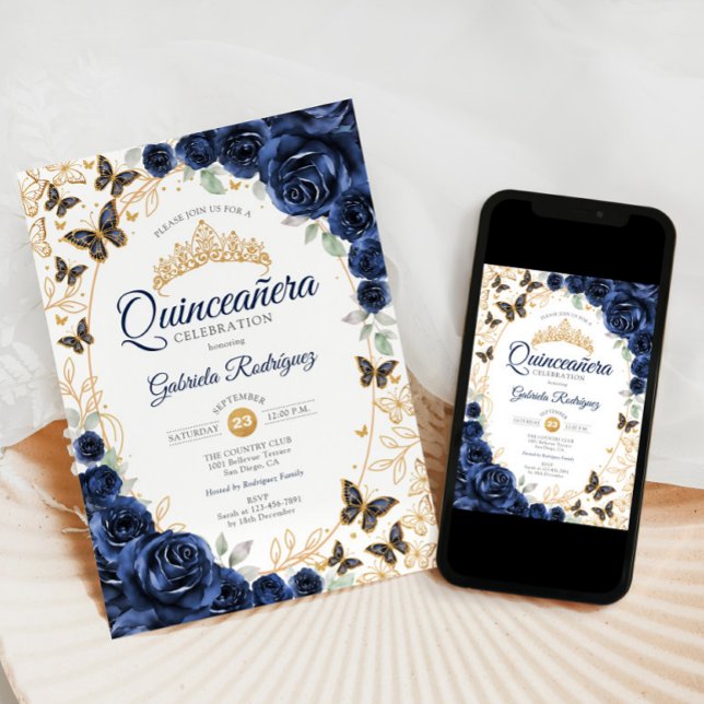 Convites Navy Gold Floral Quinceanera (Criador carregado)