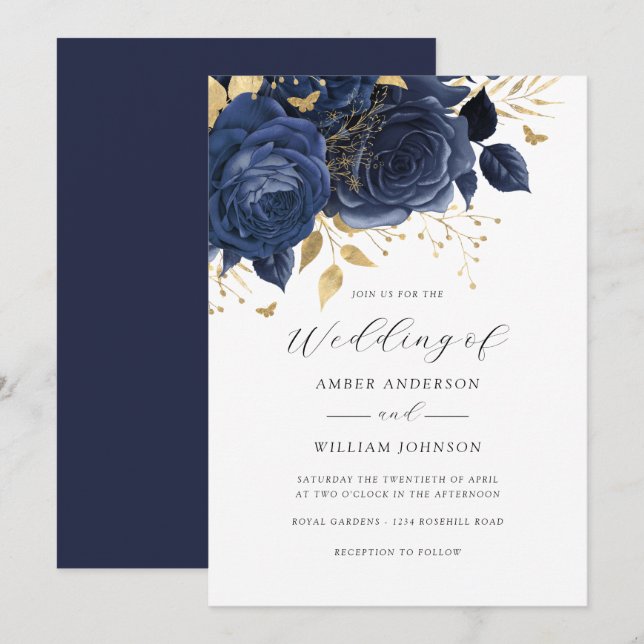 Convites Navy Gold Floral Rose Wedding   (Frente/Verso)