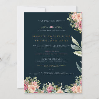 Convites Navy & Gold Floral Wedding Invitation | Elegant Ro