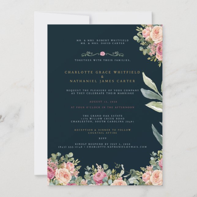 Convites Navy & Gold Floral Wedding Invitation | Elegant Ro (Frente)