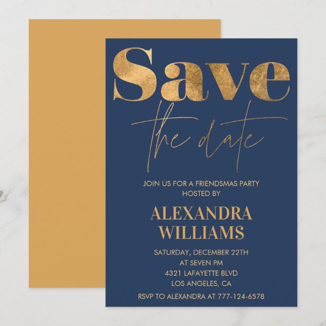 Convites Navy Gold Friendsmas Salve a data (Frente/Verso)