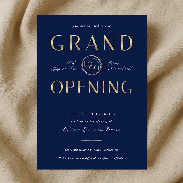 Convites Navy & Gold Logo Business Grand Opening Corporate (Criador carregado)