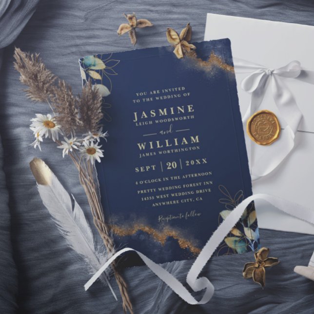 Convites Navy Gold Modern Elegant Chic QR Code Wedding (Criador carregado)