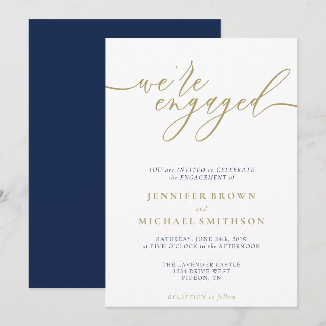 Convites Navy Gold Moderno Estamos Engajados (Frente/Verso)