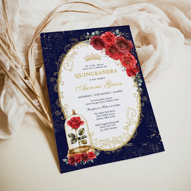 Convites Navy Gold Quinceañera Enchanted Red Roses Party (Criador carregado)