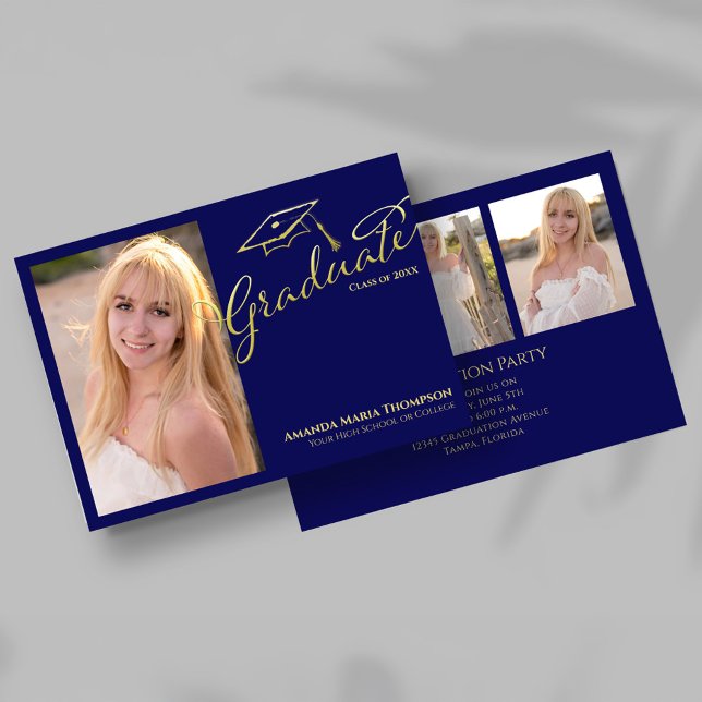 Convites Navy Gold Script Multi Photo Graduation Party Invi (Navy blue and gold script graduation invitation with large portrait photo on the front.)