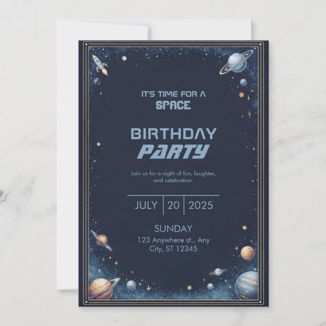 Convites Navy Gold Watercolor Rocket Planet Border Birthday (Frente)