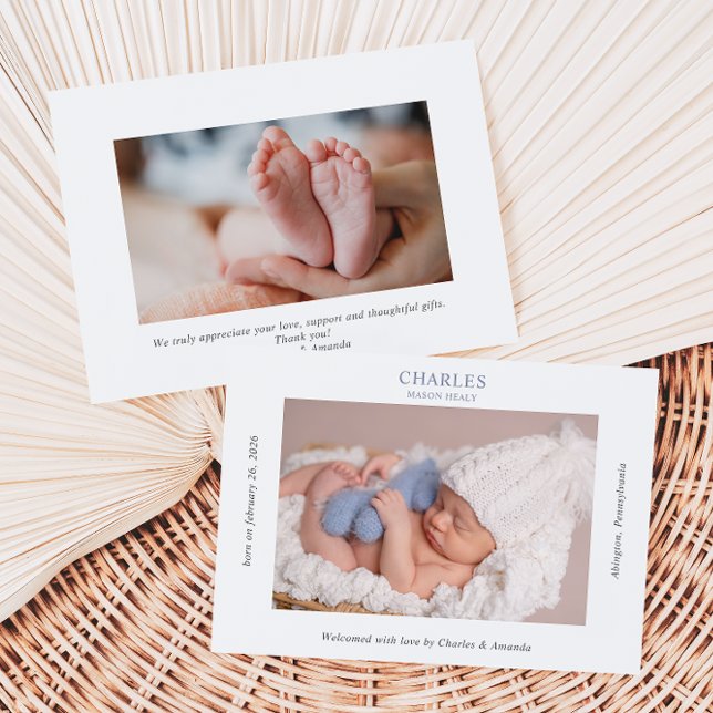 Convites Navy Gray Minimalist Photo Baby Announcement Card (Criador carregado)